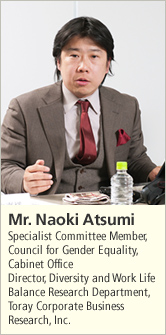 Mr. Naoki Atsumi Specialist Committee Member, Council for Gender Equality, Cabinet Office
Director, Diversity and Work Life Balance Research Department, Toray Corporate Business Research, Inc.
