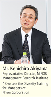 Mr. Kenichiro Akiyama Representative Director, MINORI Management Research Institute * Oversees the diversity training for managers at Nikon Corporation