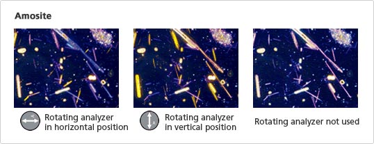 Comparitive images of amosite: rotating analyzer in horizontal and vertical positions, and without rotating analyzer