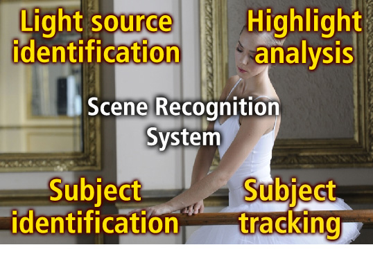 The Scene Recognition System works to record a high quality image as seen by the human eye. It uses functions such as light source identification, highlight analysis, subject identification and subject tracking.