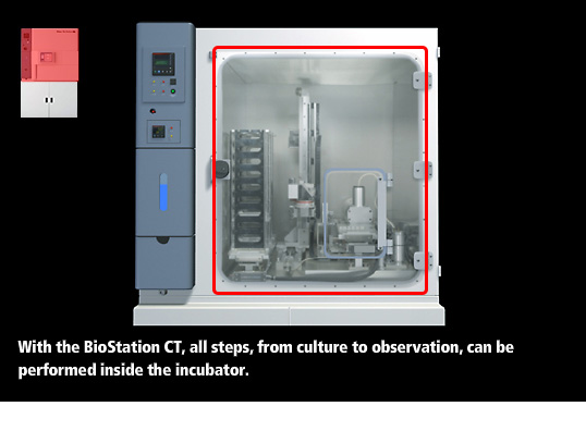 With the BioStation CT, all steps, from culture to observation, can be performed inside the incubator.