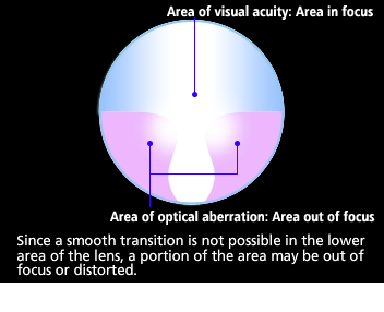 Curves change continuously from the upper area where the curvature for far-sighted vision is low, to the lower area where the curvature for near-sighted vision is higher.